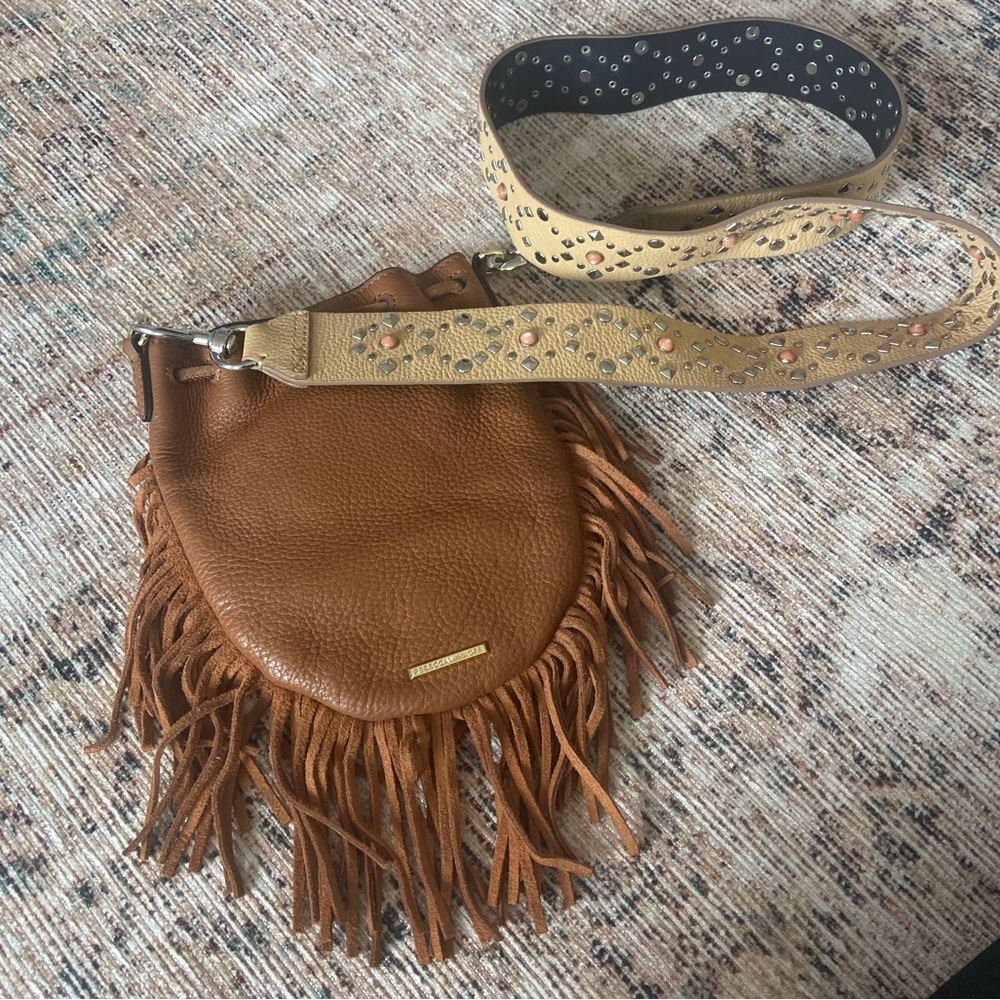 🛑SOLD Rebecca Minkoff Boho Tan Suede Fringe Crossbody Embellished Strap Handbag - Picture 4 of 13